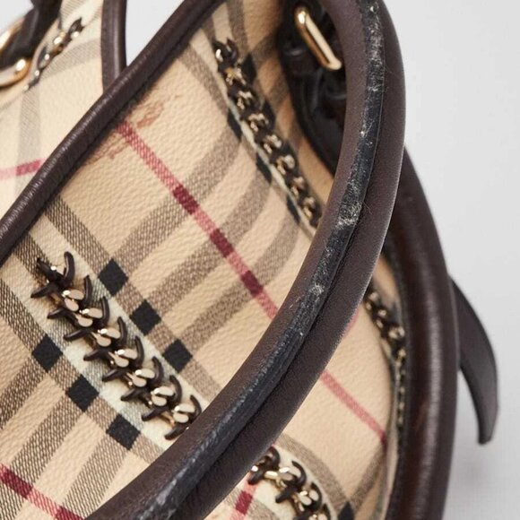 Burberry Brown Leather Haymarket Check Coated Canvas Chain Lawrence Tote Bag - Picture 6 of 11